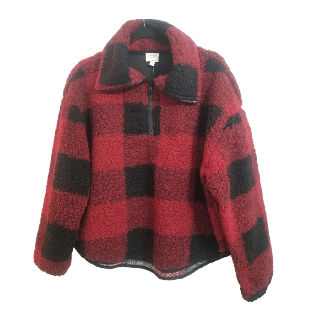 NWT COZIE by Pink Rose Buffalo Plaid 1/4 Zip Fleece Pullover Women's Size Large